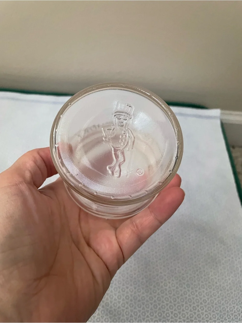 Vintage Mr Peanut 75th birthday clear glass jar with hat lid